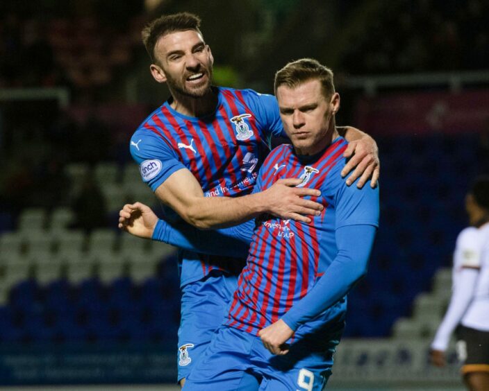 Billy Mckay celebrates his goal with Caley Thistle team-mate Sean Welsh