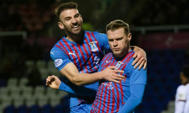 Billy Mckay celebrates his goal with Caley Thistle team-mate Sean Welsh