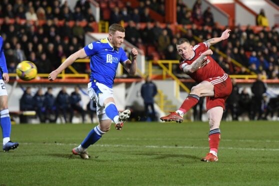 Aberdeen's Jonny Hayes has a shot on goal against St Johnstone.
