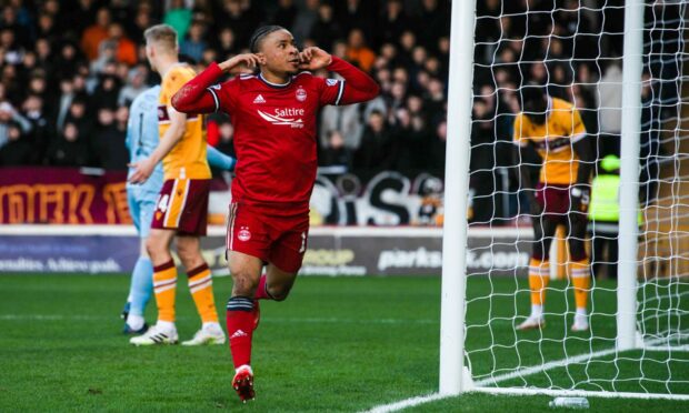 Vicente Besuijen celebrates after scoring to make it 1-0 Aberdeen against Motherwell.