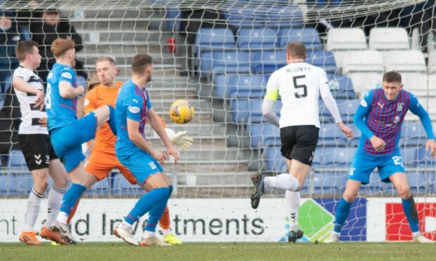 Sean McGinty scores for Ayr United against Caley Thistle.