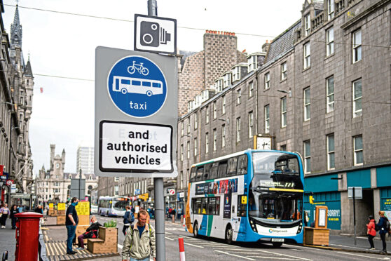The bus gate on Union Street means all non-permitted vehicles will face a fine if they go through it. Photograph by Wullie Marr, July 2021.