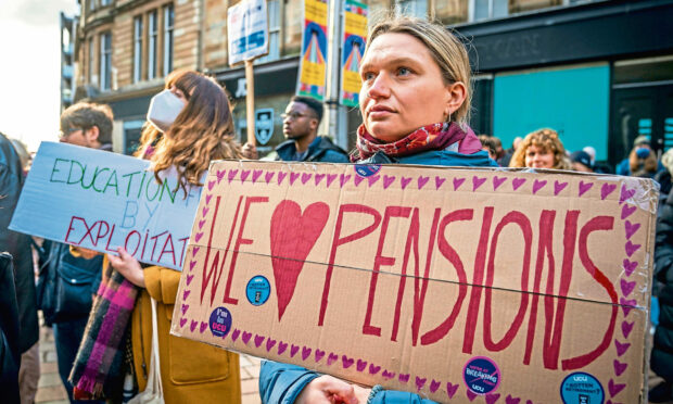 Members of the University and College Union (UCU) during their rally in Glasgow, at the start of their 10 days of industrial action over pay, pensions and working conditions.