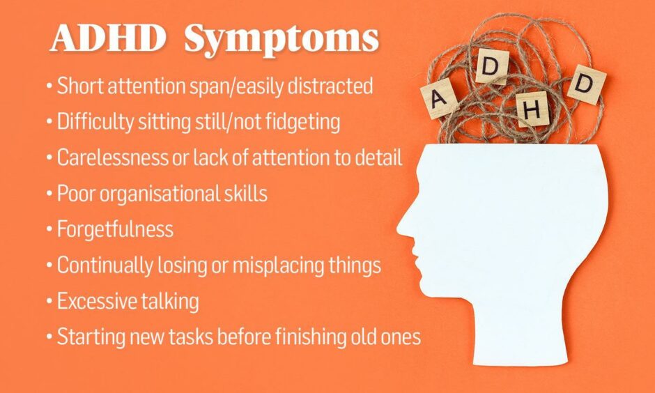 List of ADHD symptoms: Short attention span/easily distracted Difficulty sitting still/not fidgeting Carelessness or lack of attention to detail Poor organisational skills Forgetfulness Continually losing or misplacing things Excessive talking Starting new tasks before finishing old ones