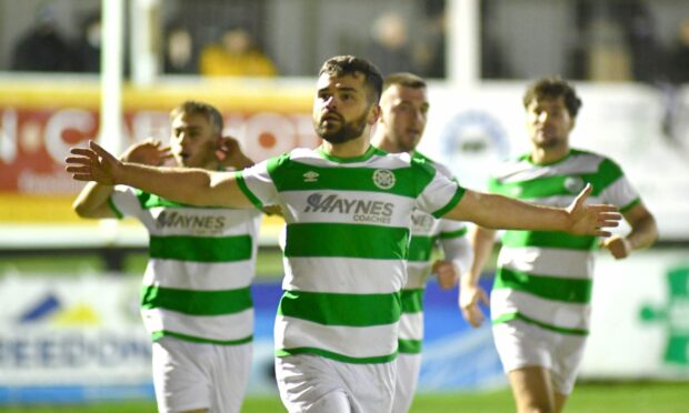 Andrew MacAskill celebrates his goal for Buckie Thistle against Fraserburgh which sent the Jags to the top of the Highland League