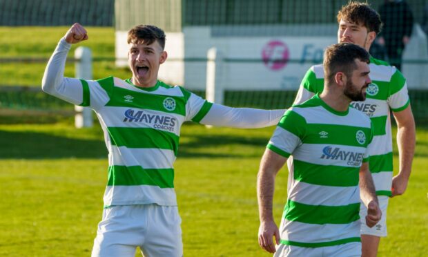 Max Barry, left, celebrates scoring the winning goal for Buckie Thistle against Brechin City