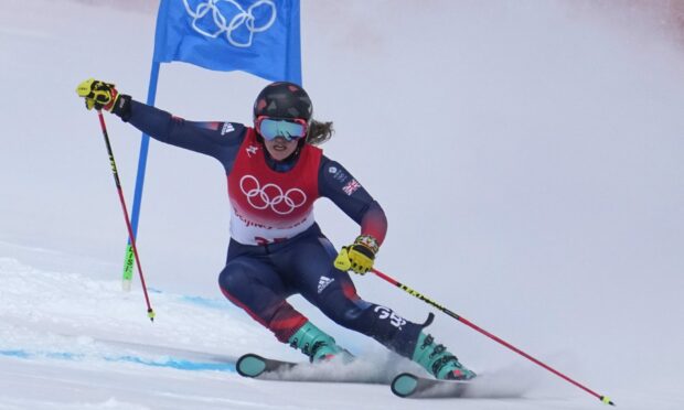 Alex Tilley of Britain makes a turn during the second run of the women's giant slalom at the 2022 Winter Olympics.