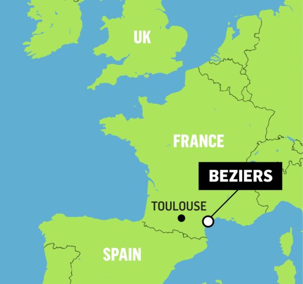 A map showing Beziers and Toulouse in France. 