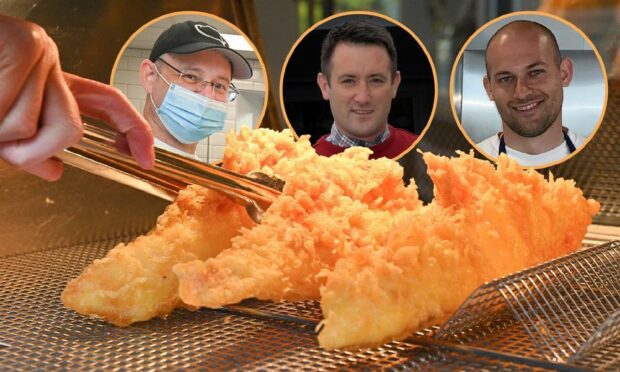 Chip shop owners Stuart Whyte, left, Rikki Pirie, middle, and Liam Brown face rising cost.