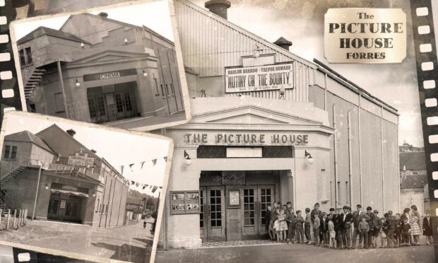 Forres Picture House, clockwise from bottom left, on the coronation of the Queen; in the 1930s: and on its last showing in 1964. Courtesy of Ray Mills