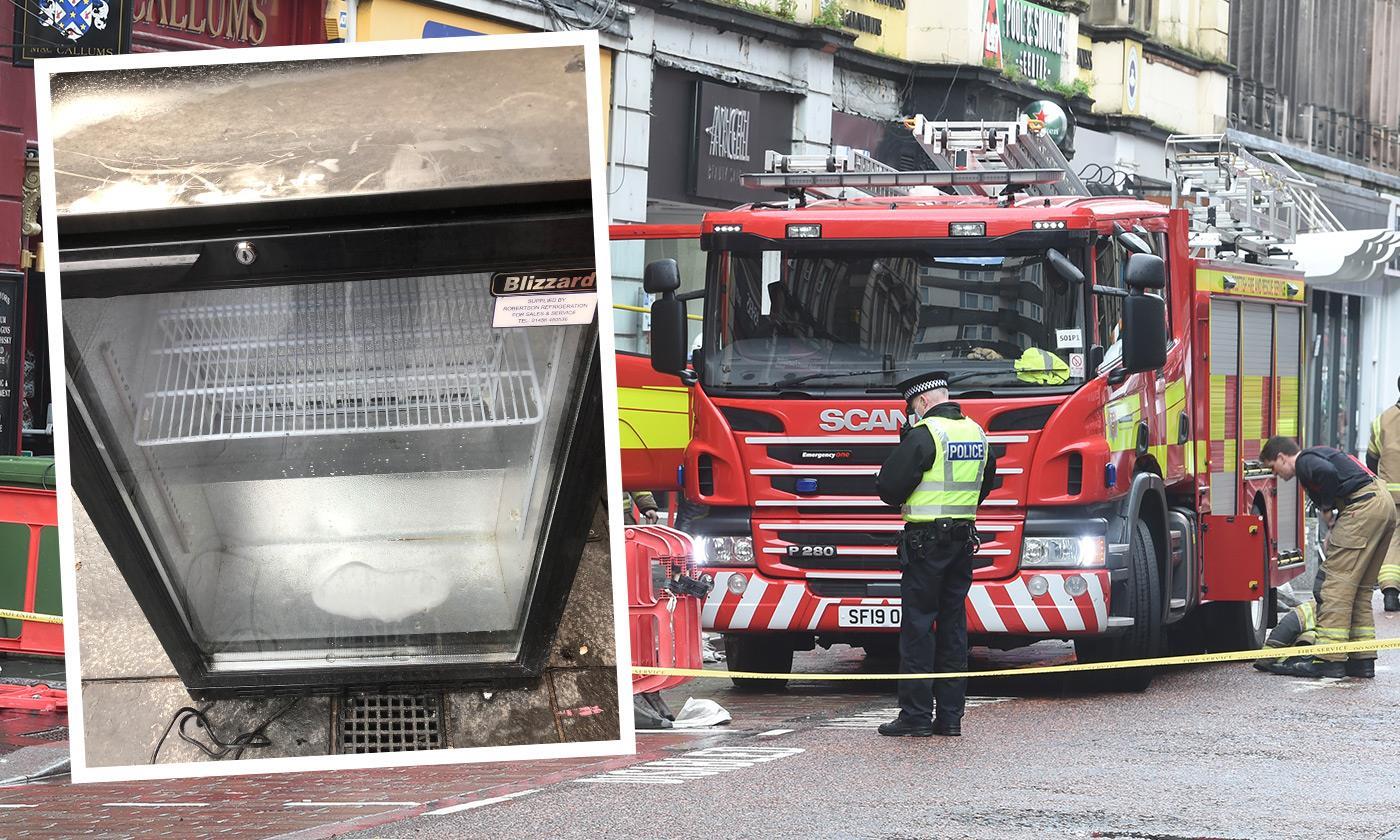 A collage of the faulty fridge and fire crews outside MacCallums