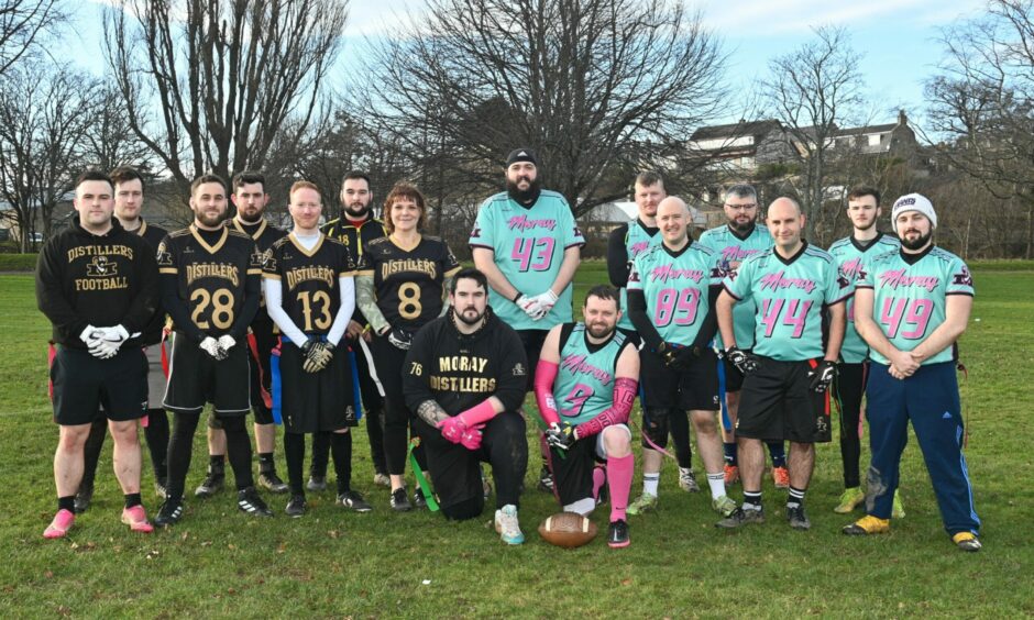 Group photo of Moray Distillers American football team. 