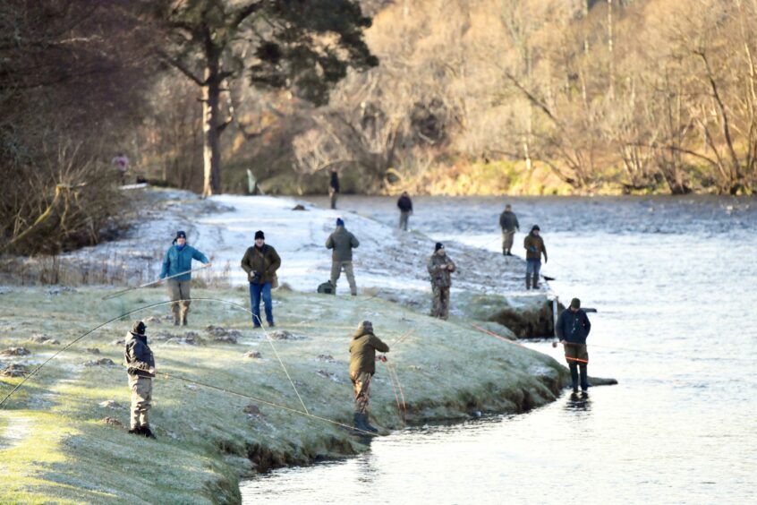 Anglers celebrate the opening of the new Spey salmon season. Picture by Kami Thomson