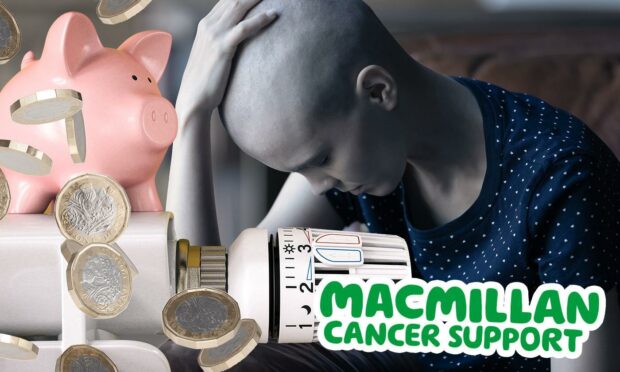 Piggybank on a radiator with money coming out, next to it a stressed woman with cancer and below the Macmillan logo