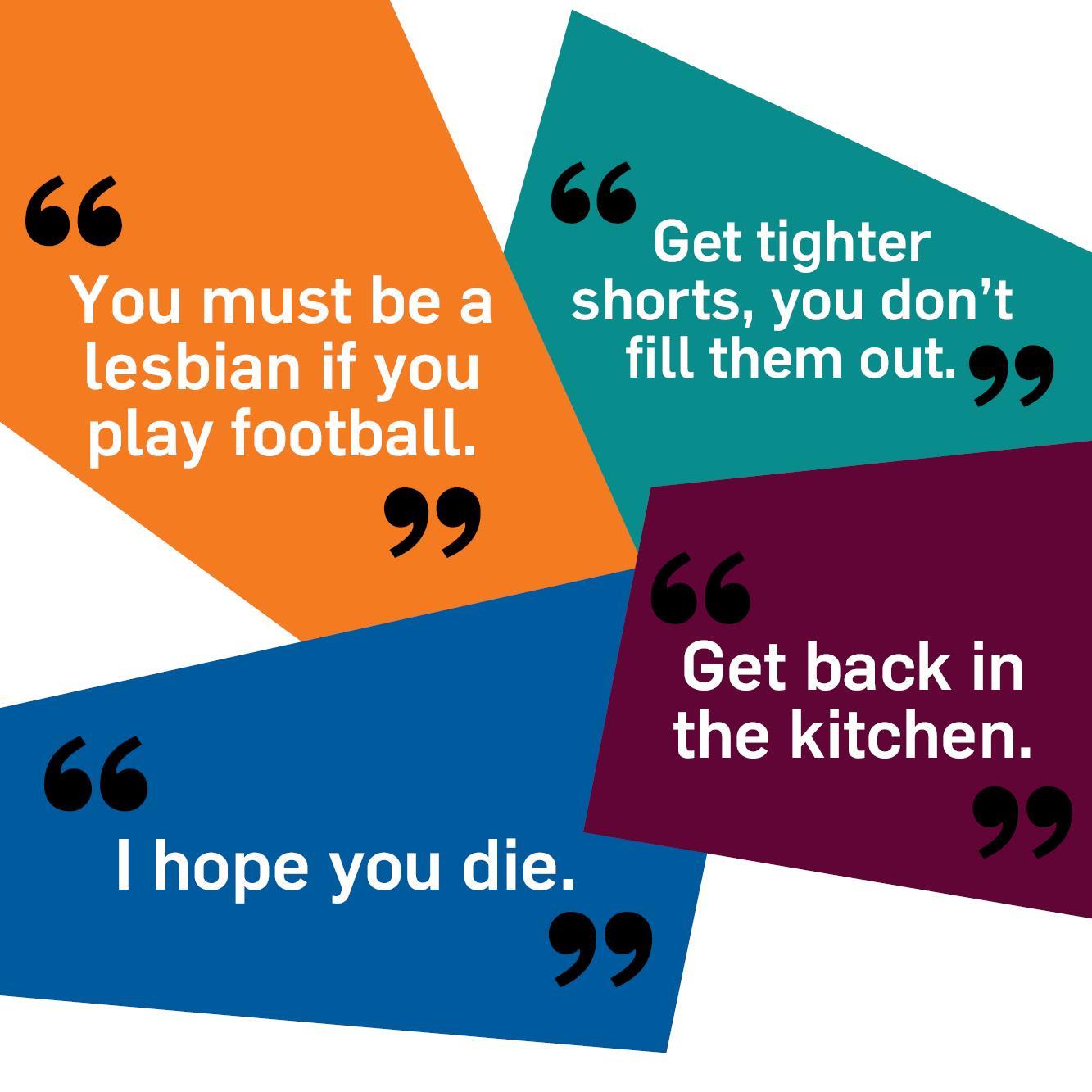 Quotations that women footballers have heard targeted at them: "You must be a lesbian if you play football." "Get tighter shorts, you don't fill them out." "I hope you die." "Get back in the kitchen."