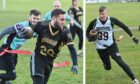 Collage of Moray Distillers players in action playing American football.