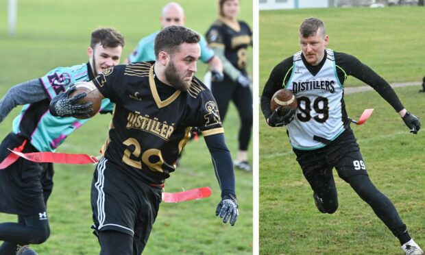 Collage of Moray Distillers players in action playing American football.