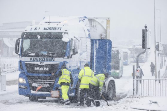 A lorry is stuck on the A944 between Kingswells and Westhill causing long queues in traffic. Supplied by Derek Ironside/ Newsline Media.