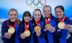 Great Britain's Mili Smith, Hailey Duff, Jennifer Dodds, Vicky Wright and Eve Muirhead celebrate with their gold medals after beating Japan in the Winter Olympic final in Beijing. Image: Andrew Milligan