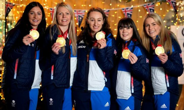 Great Britain curling gold Medallists Eve Muirhead, Vicky Wright, Jennifer Dodds, Hailey Duff and Mili Smith at The Curling Club in The Langham Hotel, London. Great Britain claimed two medals at the Beijing Winter Olympics, with Eve Muirhead's womens curling team taking gold while Bruce Mouat's men return home with silver. John Walton/PA Wire