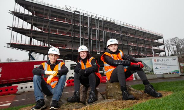 The BioHub build is supporting construction jobs and new entrants to the industry, including apprentices from North East Scotland College Mohamad Alhamdani, Jayden Dale and Owen Garner .