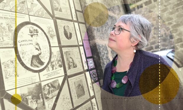 Professor Sarah Pedersen at the mural of famous Aberdeen women that is located at the end of St Nicholas Lane. Picture by Paul Glendell.