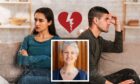 Couple sitting back to back after fall out with broken heart in the middle and photo of psychotherapist Jennifer Broadley below the heart