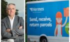 A collage with Richard Lochhead MSP and a Hermes van