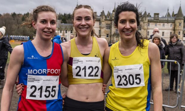 Scout Adkin, Mhairi MacLennan and Morag Millar - the women's top three at the national cross country championships 2022.