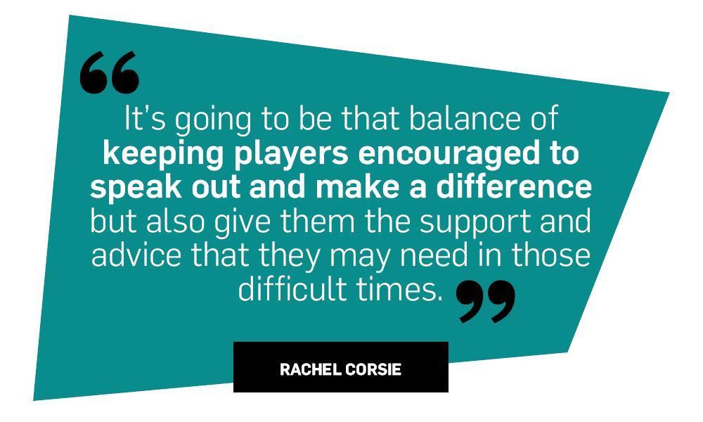 Rachel Corsie quote: "It's going to be that balance of keeping players encouraged to speak out and make a difference but also give them the support and advice that they may need in those difficult times.'