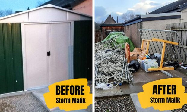 The shed before and after Storm Malik.