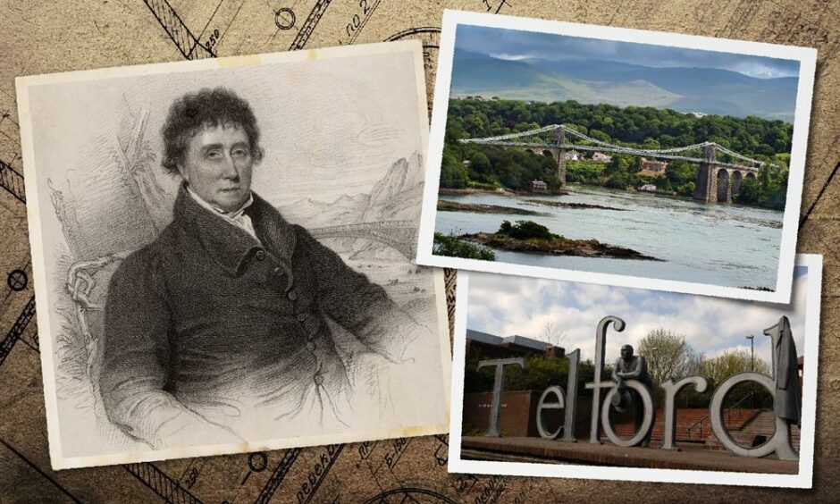 A drawing of Thomas Telford, one of his bridges and a sign of the Shropshire town named after him