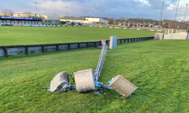 The floodlight pylon at Wick Academy's Harmsworth Park which collapsed in January