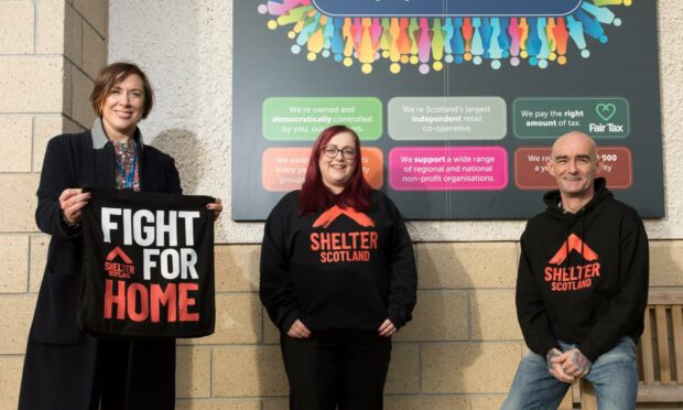 Charities across the north of Scotland have received a share of £16,000 to help support people through the harsh winter months. Pictured are Lynne Ogg, Claire Taylor and David, Shelter Time for Change Peer from Shelter Scotland. Supplied by Shelter Scotland.