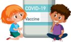 Children looking at a Covid-19 vaccine bottle with questioning looks