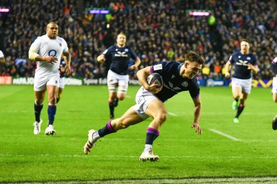 Scotland's Ben White scores the opening try.