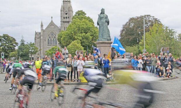 Cyclists at Queen's Cross in Aberdeen for the 2021 Tour of Britain.