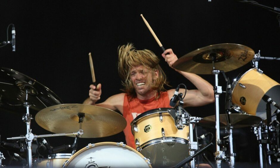 Taylor Hawkins blasting the kit on stage at T in the Park in 2011.