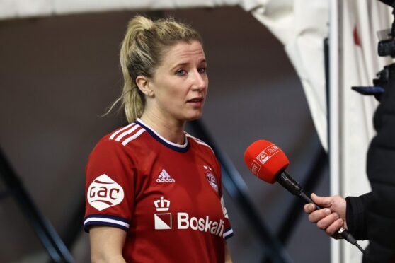 Aberdeen Women's Kelly Forrest is interviewed after the Scottish Womens Premier League 1 match with Rangers Women at Pittodrie Stadium in March.