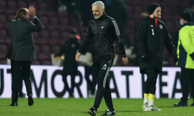 Aberdeen manager Jim Goodwin looks dejected at full time of the 2-0 loss at Hearts.