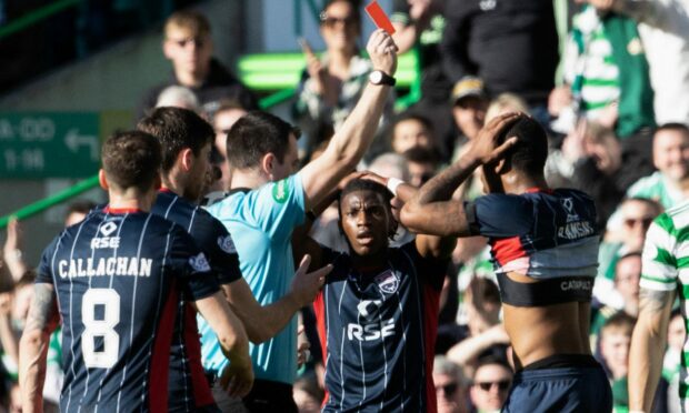 Ross County's Kayne Ramsay is red carded against Celtic.
