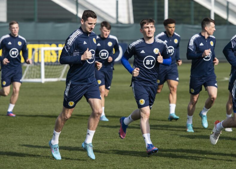 Kenny McLean, left, during Scotland training
