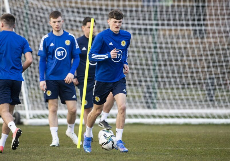 Calvin Ramsay during a Scotland under-21 training session at The Oriam