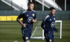 Lyndon Dykes (l) and Ryan Christie during a Scotland training session at the Oriam, on March 28.