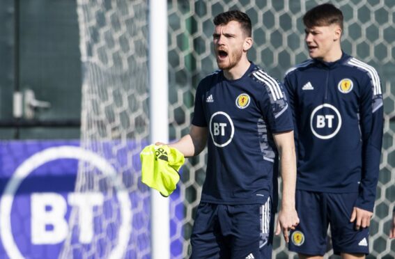 Captain Andy Robertson during a Scotland training session at the Oriam, on March 28, ahead of the Austria friendly.