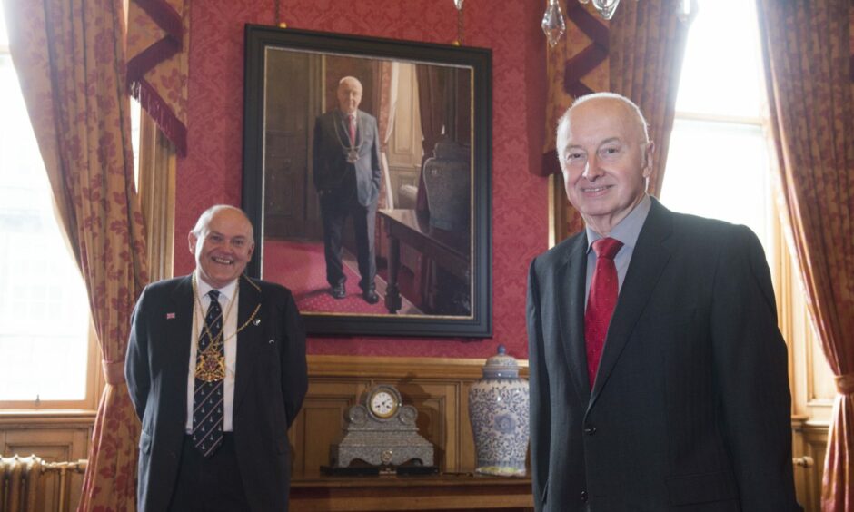 Lord Provost Barney Crockett at the unveiling of the portrait of his predecessor, George Adam, at Aberdeen Town House. Picture by Aberdeen City Council.