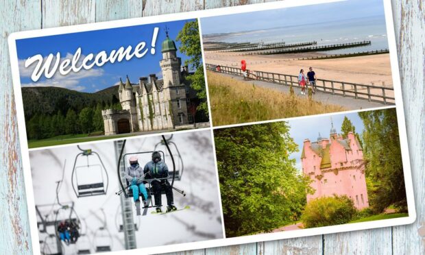 Aberdeen city and shire tourism landmarks. Clockwise from the top left are Balmoral Castle, Aberdeen beach, Craigievar Castle and Glenshee ski centre.