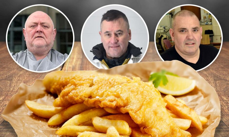 Collage of chip shop owners over fish and chips