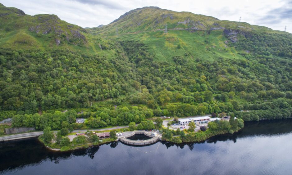 Aerial photo of Cruachan power station on the water