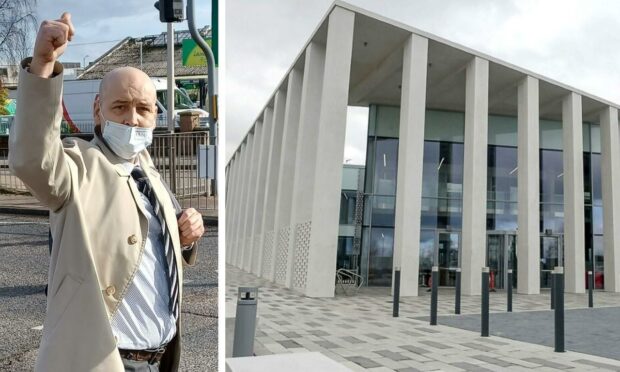 David Hobbs celebrates his acquittal outside Inverness Sheriff Court
